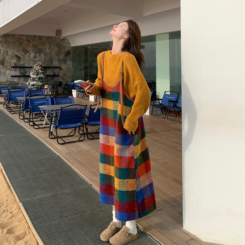 多巴胺彩格吊带裙套装女2025春秋新款松弛感韩系甜酷风显瘦两件套