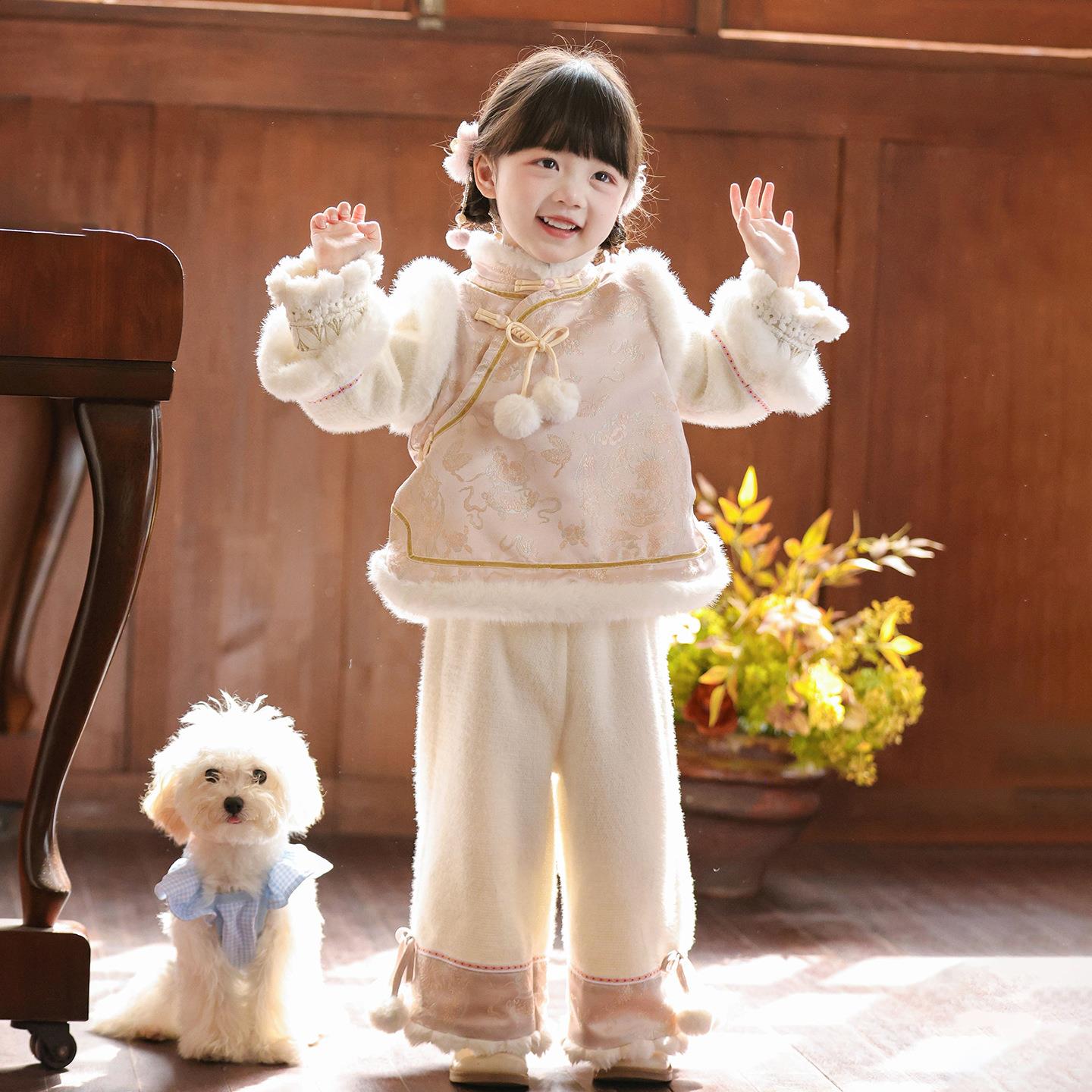 女童新中式冬季套装宝宝古风加绒加厚新年装儿童唐装