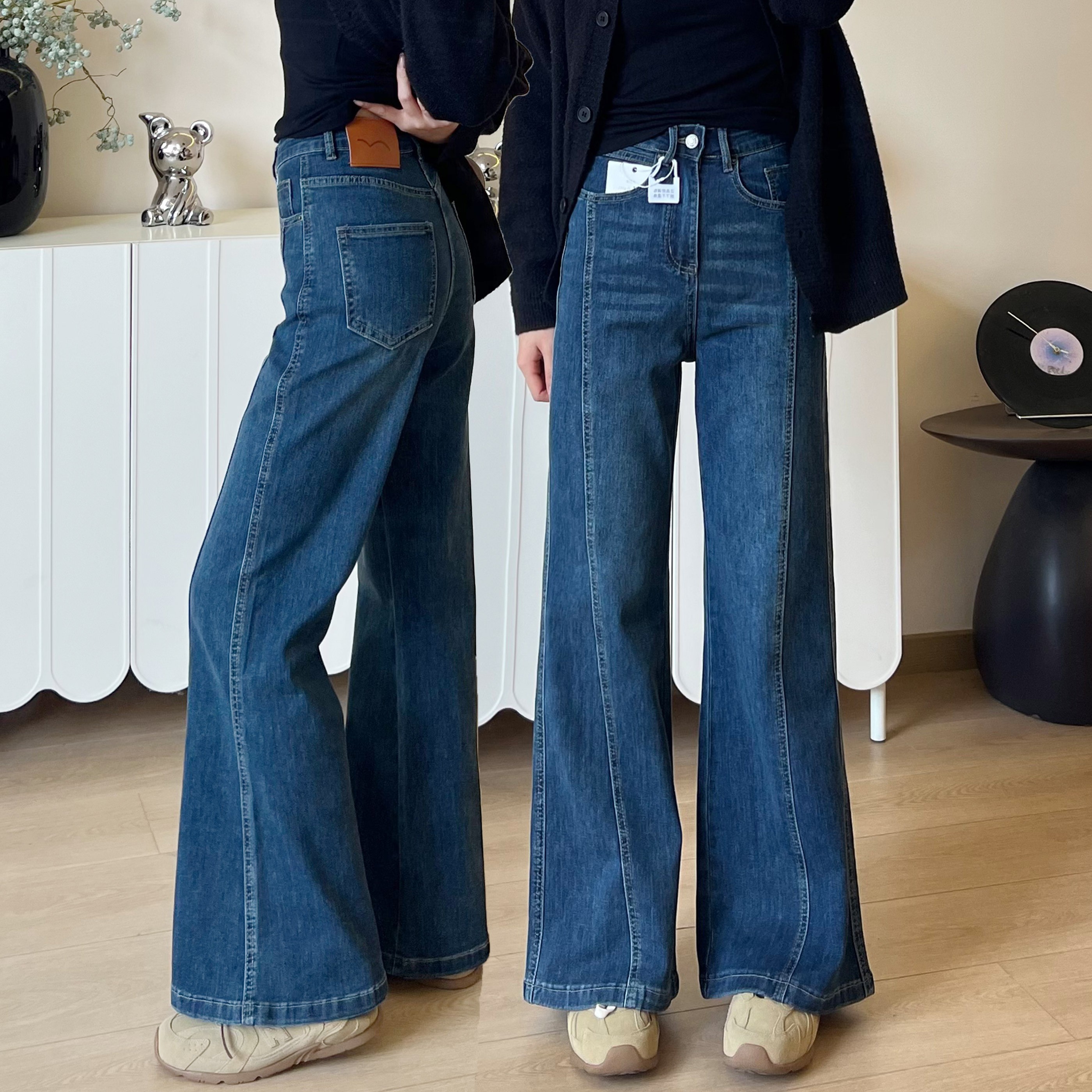 宽松休闲高腰早秋阔腿微喇裤女阔腿裤性感风喇叭裤牛仔裤显瘦长裤