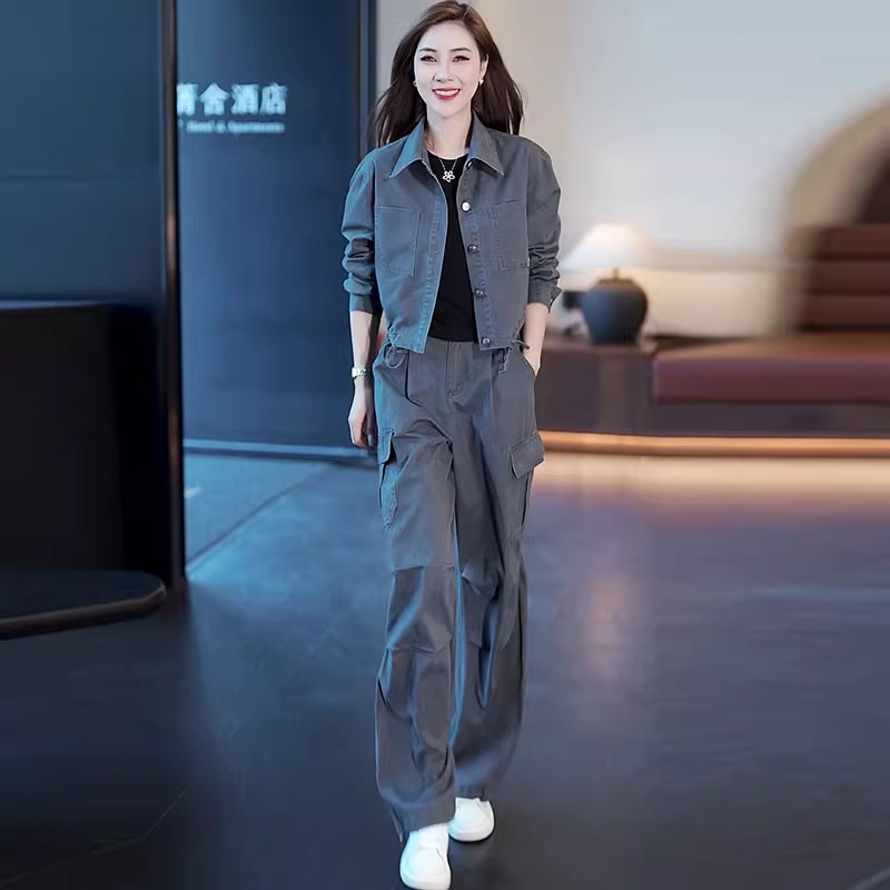 拉夏贝尔时尚牛仔套装女2025春秋季新款显瘦外套工装阔腿裤两件套