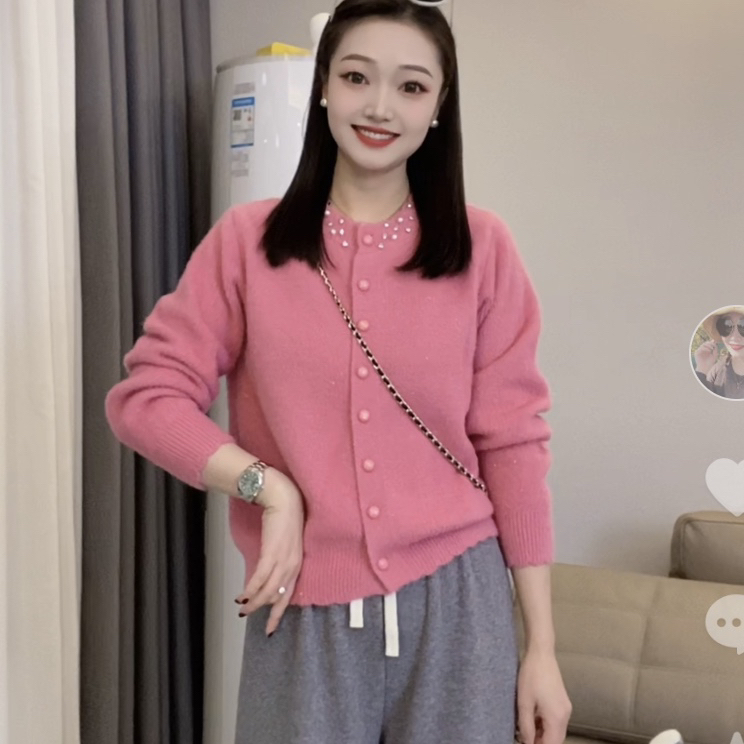 35#不起球冬装氛围感钉钻花边圆领长袖领纯色针织毛衣开衫