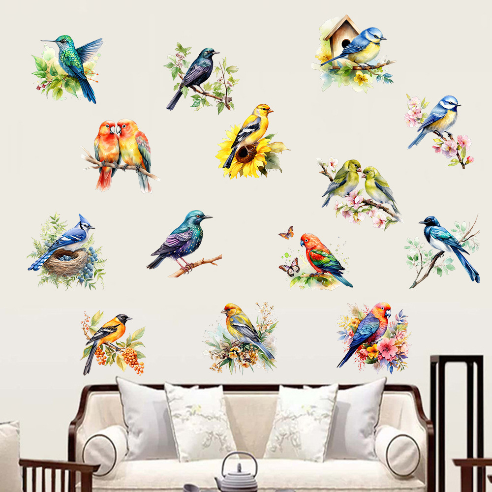 厂家自粘画喜鹊画眉小鸟鹦鹉墙贴画客厅卧室儿童房冰箱装饰可移除
