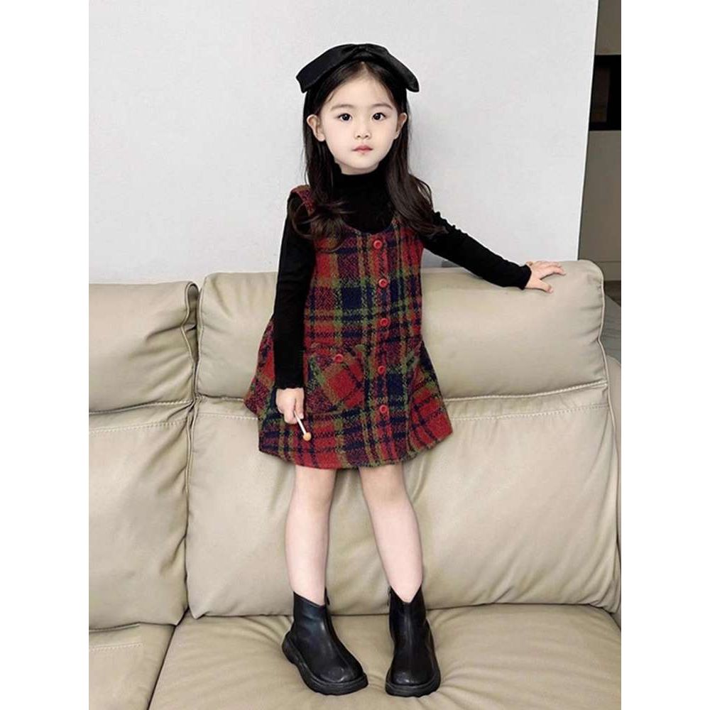 童装女童春秋格纹毛呢背心裙子女宝韩版甜美连衣裙套装儿童两件套