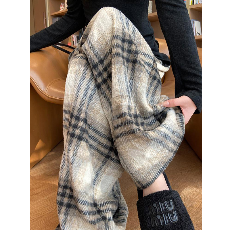 裤长112cm高个子180毛呢格子裤女秋冬复古阔腿宽松慵懒休闲直筒裤
