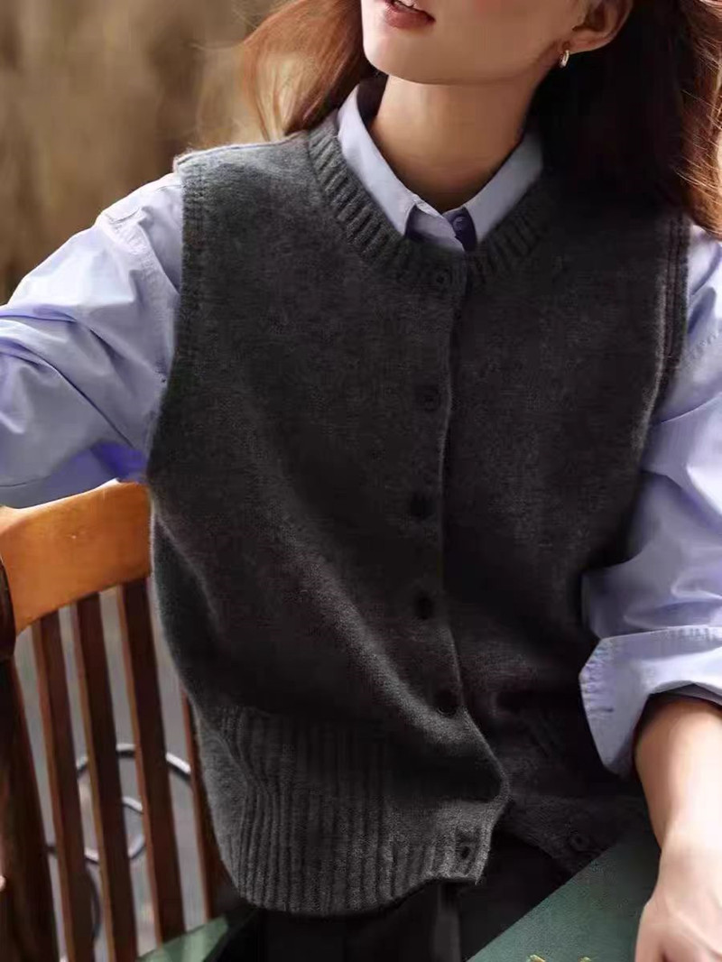 100%纯羊毛法式复古羊毛马甲百搭休闲时尚针织马夹学院风无袖开衫