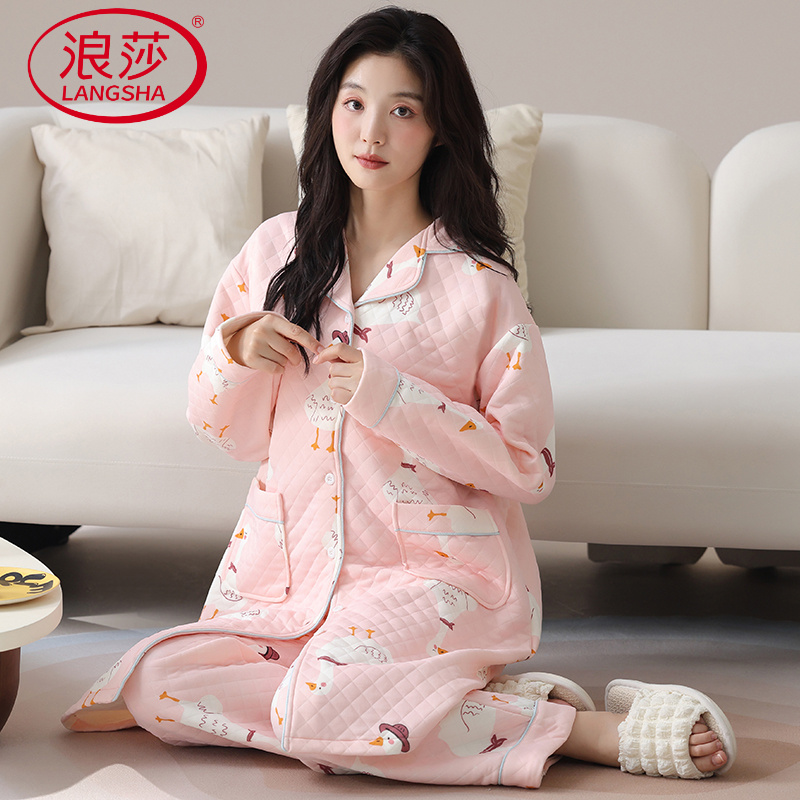 浪莎柔软卡通可爱少女空气棉夹层长袍女款常规翻领中长款睡衣秋冬