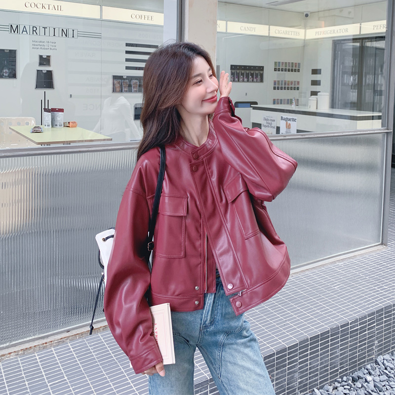 安可拉红皮衣外套女2025春秋新款超显白松弛感甜酷炸街短款夹克潮