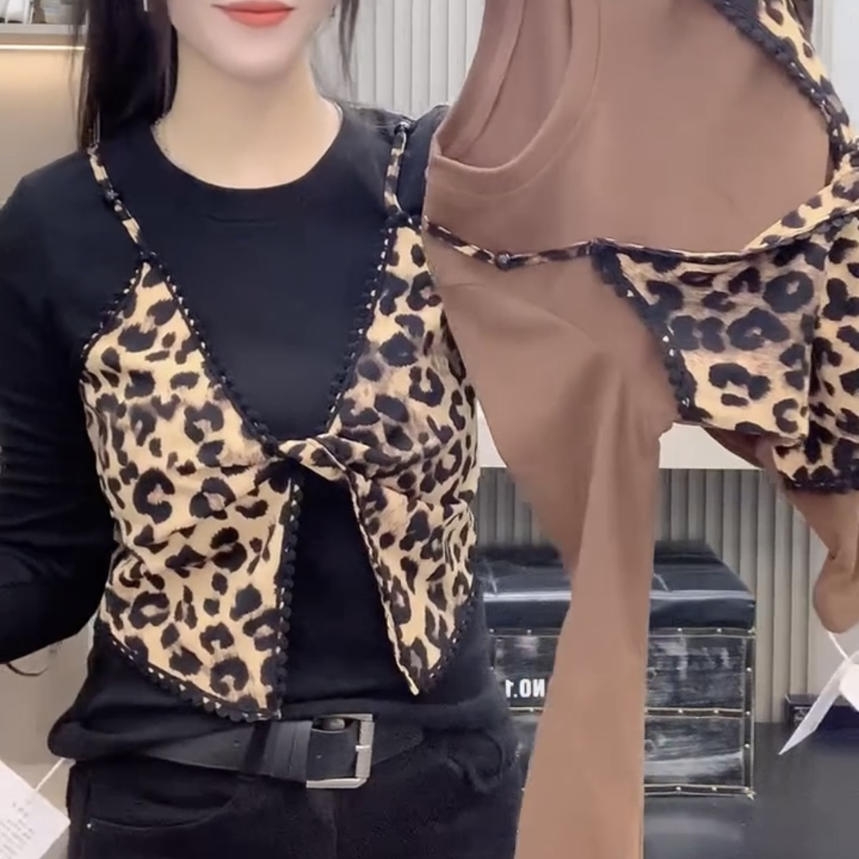 秋季长袖拼接豹纹T恤短款显瘦上衣