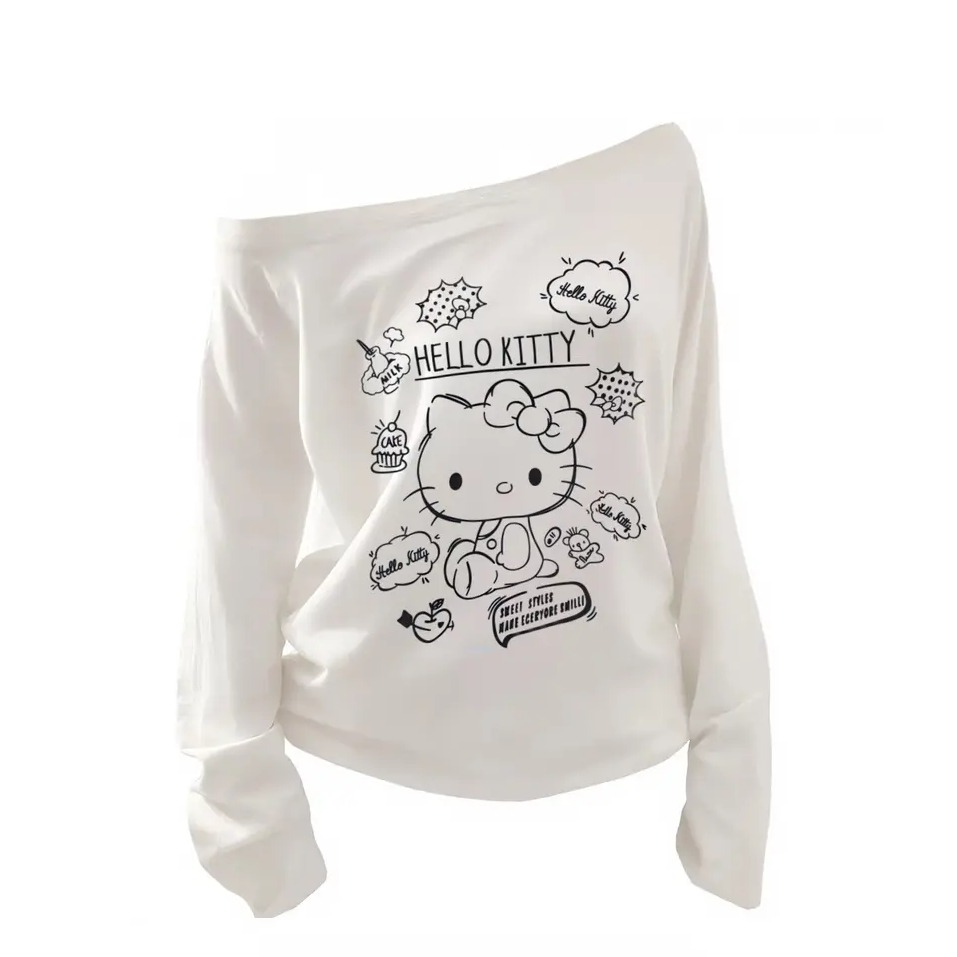 韩版kitty猫印花白色斜肩长袖t恤女秋季新款休闲宽松时尚百搭上衣