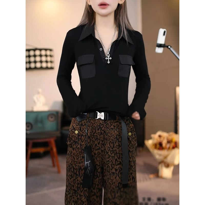 白色正肩长袖女t恤修身设计感小众高级感收腰短款正肩Polo衫上衣