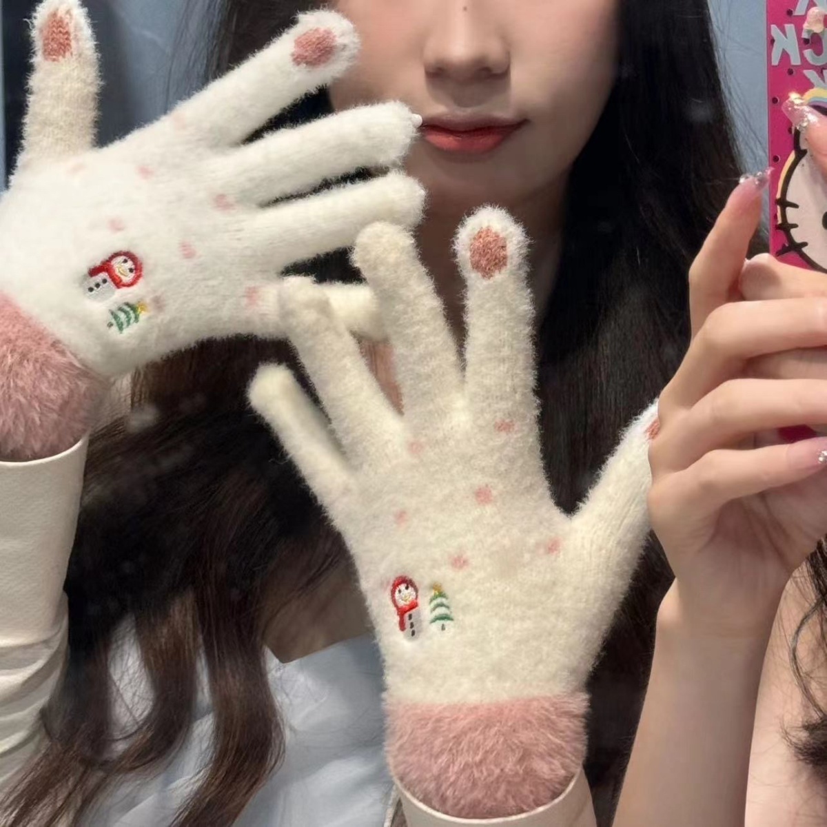 雪人刺绣手套毛绒甜美五指卡通可爱冬季加厚保暖学生骑车触屏手套