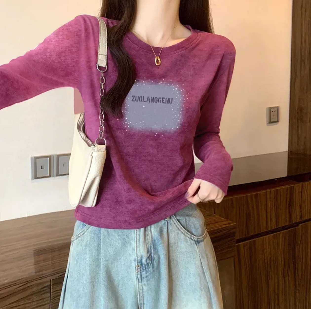 秋冬款百搭长袖几何印花短款扎染T恤显瘦圆领正肩修身纯欲风上衣