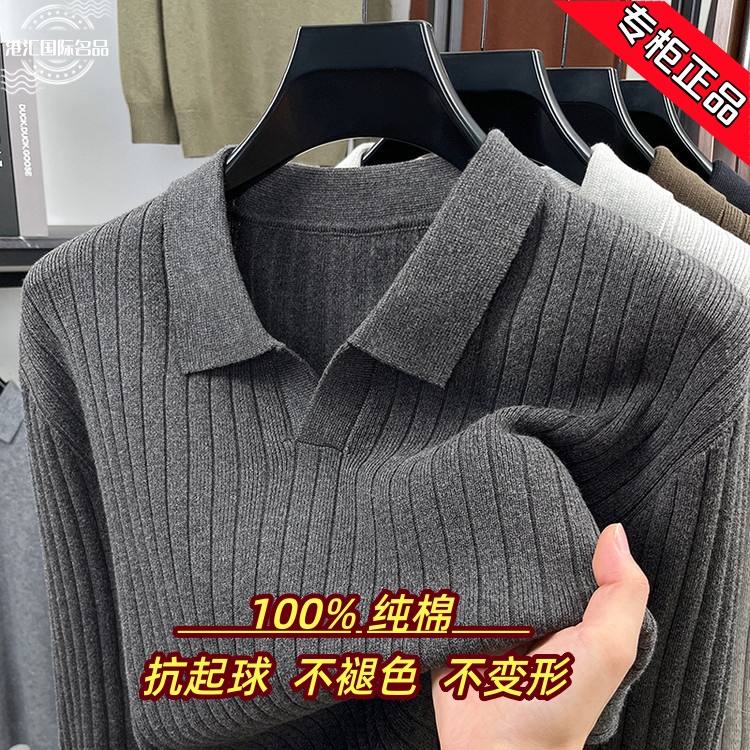 100%纯棉男士针织衫毛衣时尚休闲商务百搭海鸥领长袖上衣Polo衫男