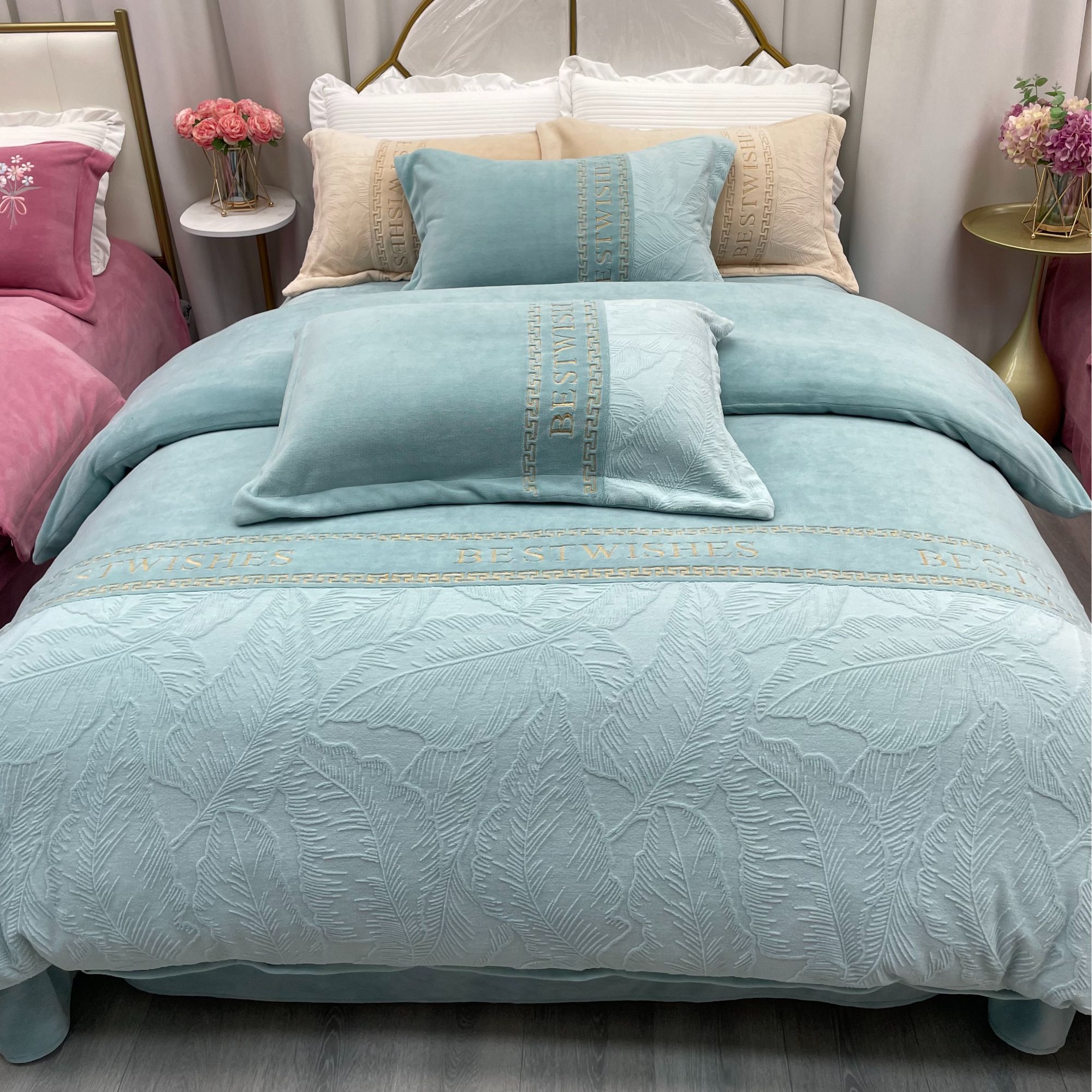 【洋盛家纺】保暖加厚刺绣浮雕牛奶绒纯色床上宝宝绒被套四件套