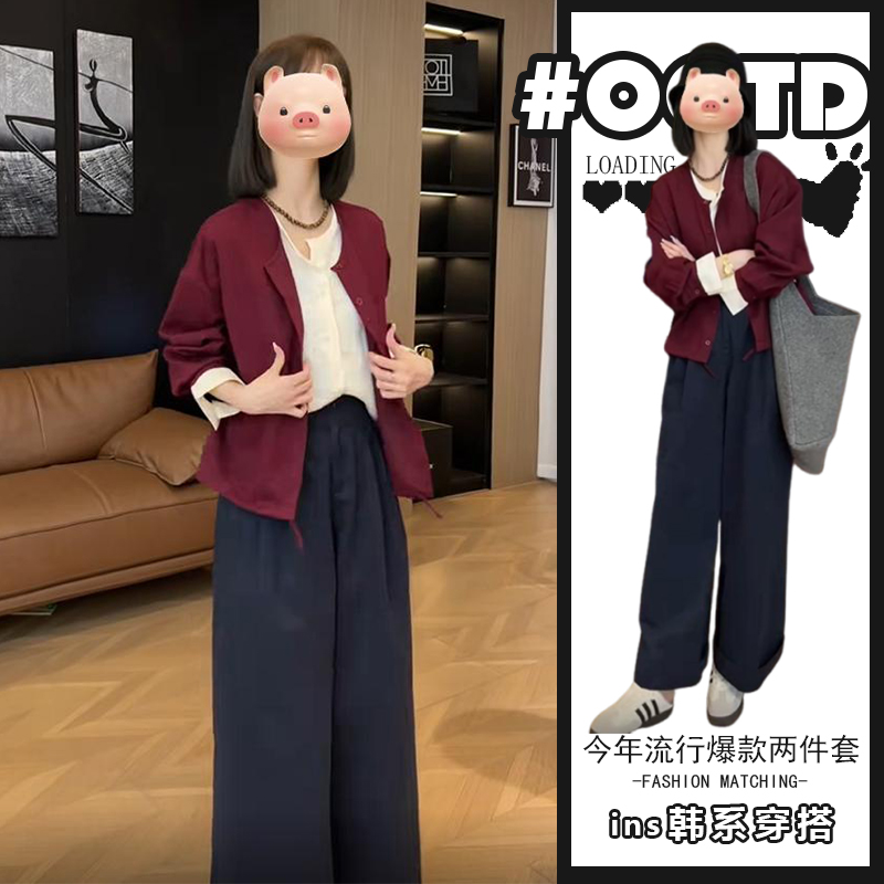 老钱风松弛感女装时尚气质假两件洋气上衣+高腰显瘦阔腿裤两件套