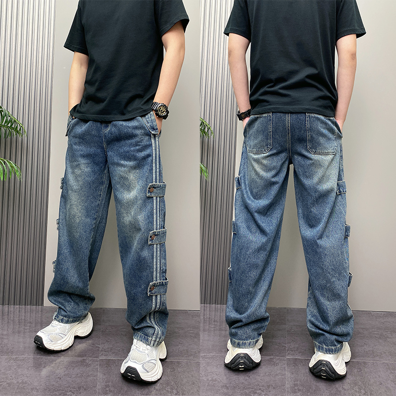 秋季2025新款日系复古水洗拼接牛仔裤男士宽松潮牌排扣阔腿工装裤
