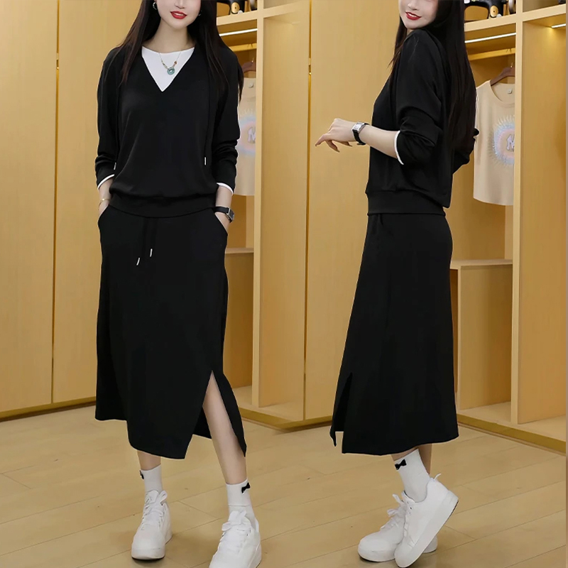 高含棉休闲韩系运动套装女2025年秋冬新款假两件上衣半身裙两件套