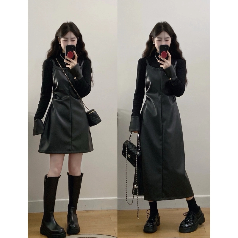 MO88ZSPF大码女装【人生神裙】胖mm秋冬假两件收腰拼皮显瘦连衣裙