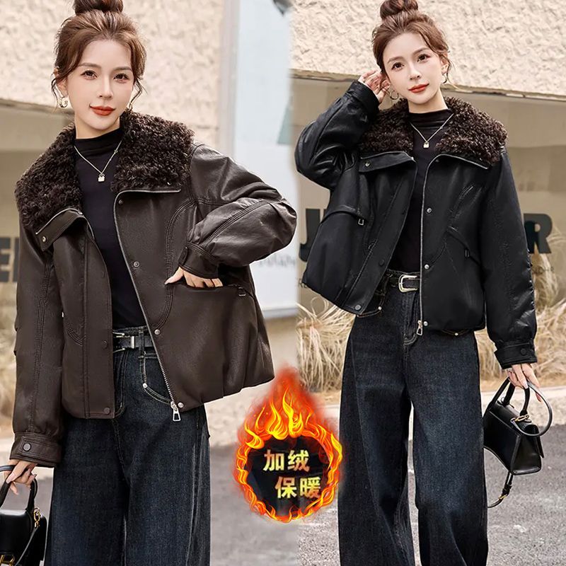 仿羊羔毛领加绒皮衣外套冬季新款爆款洋气超好看加厚PU皮短款夹克