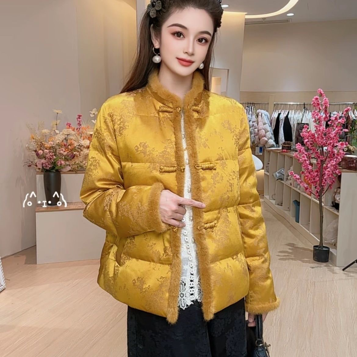 新中式国风提花毛边拼接加厚保暖棉服外套冬季宽松百搭棉衣女上衣