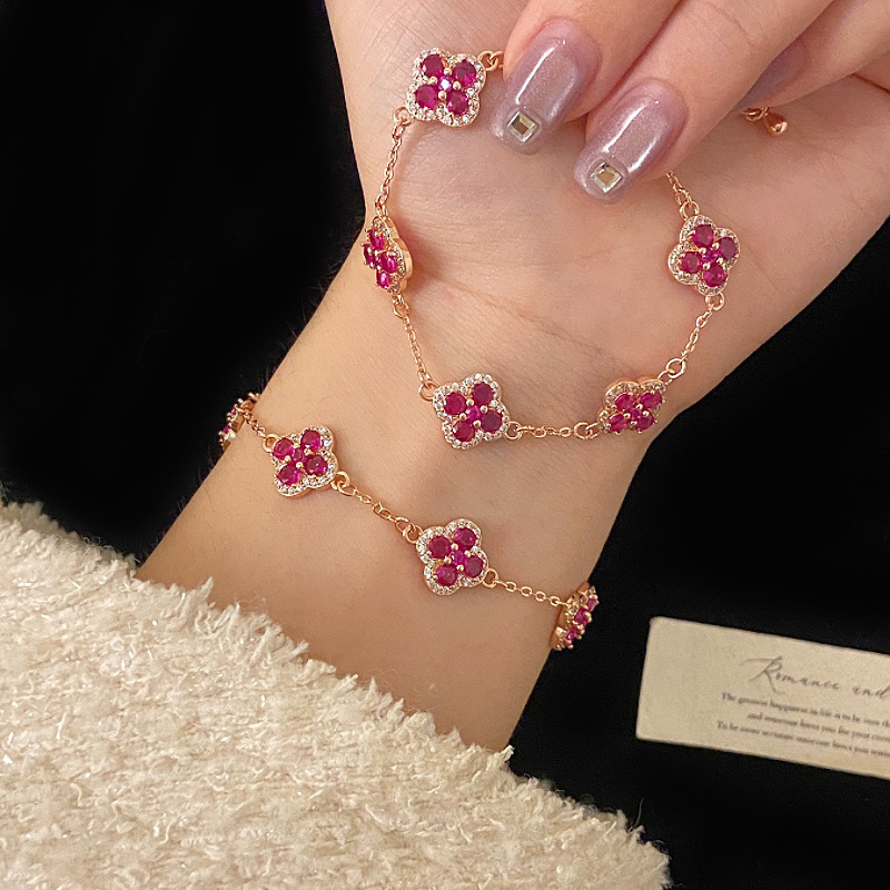 铜合金手链 玫瑰金四叶花满钻微镶锆石玫粉色手链女精致高级感