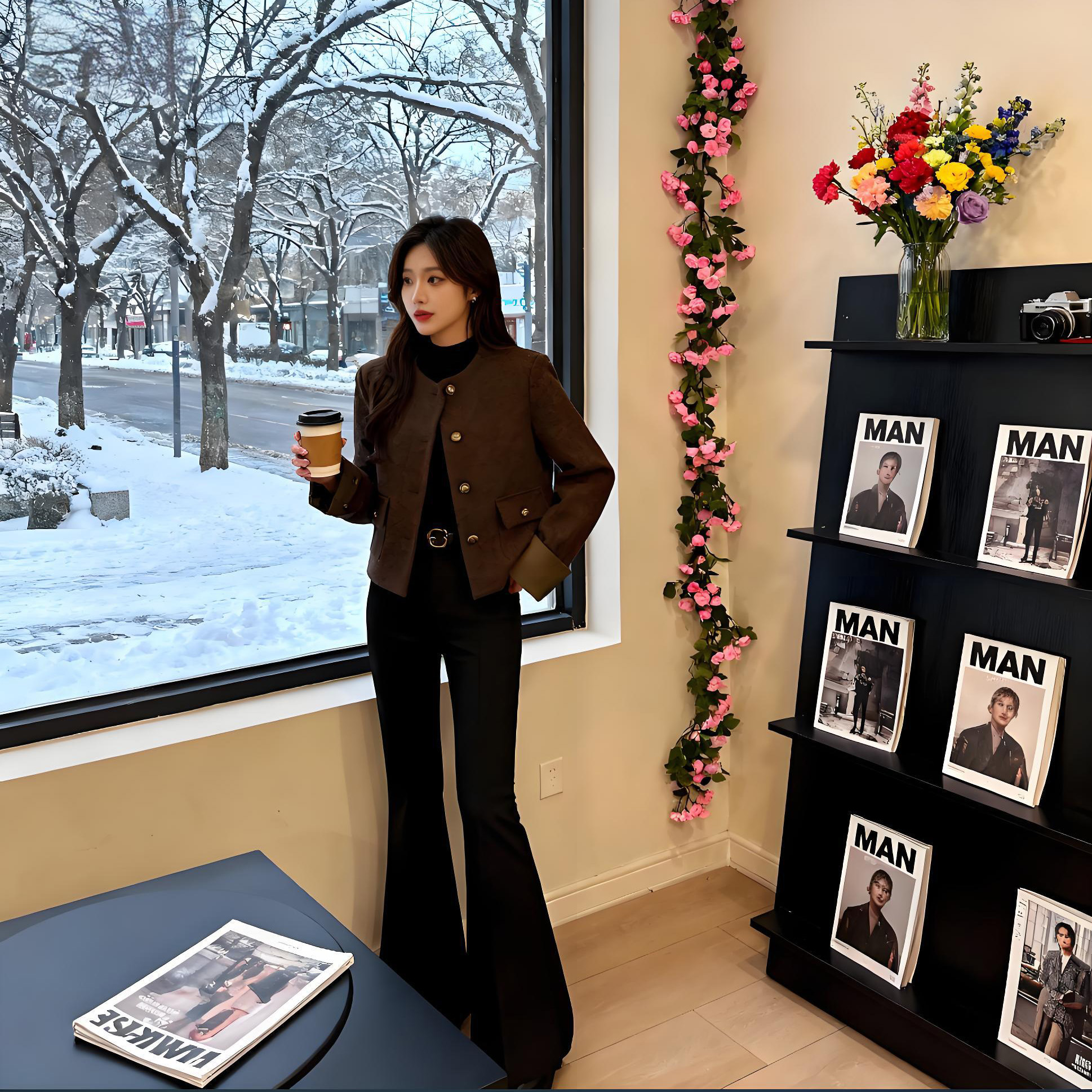 咖色复古名媛小香风短外套女秋冬新款小个子黑色休闲百搭裤两件套