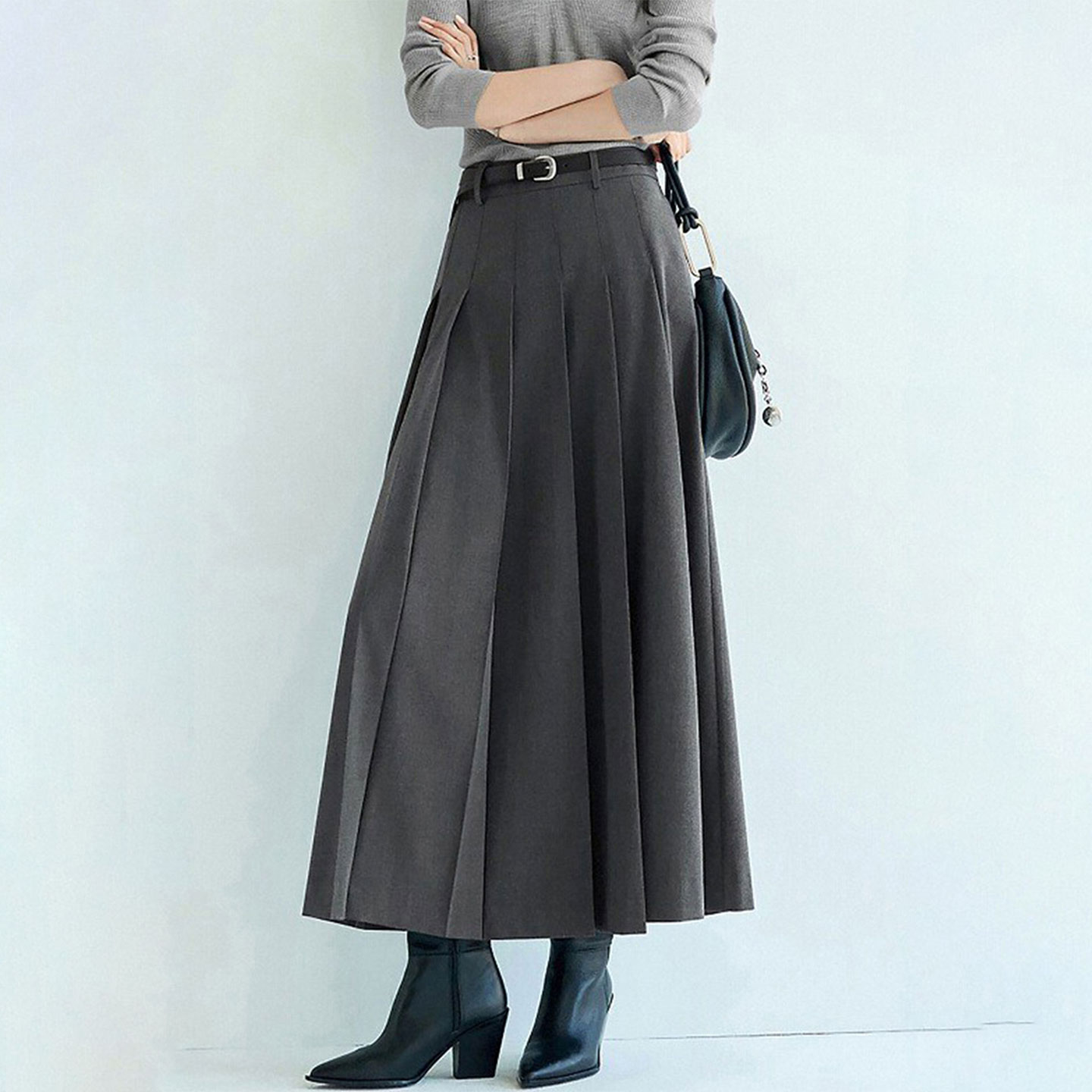 大码冬季款灰色毛呢显瘦遮胯半身裙女梨形身材高腰百搭中长百褶裙