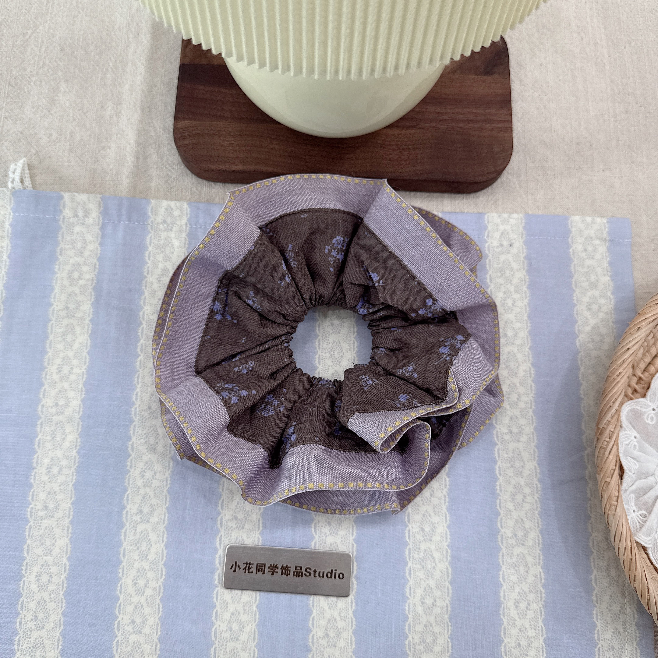 韩国原创设计发饰2025新款高级感精致纯棉小碎花香芋紫发圈大肠圈