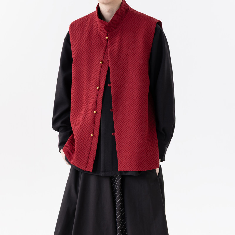 新中式红色唐装男款无袖坎肩马甲男春秋季中国风马夹背心潮牌外套