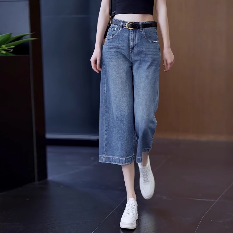 七分阔腿牛仔裤子女夏季2025浅色水洗宽松小个子百搭休闲垂感中裤