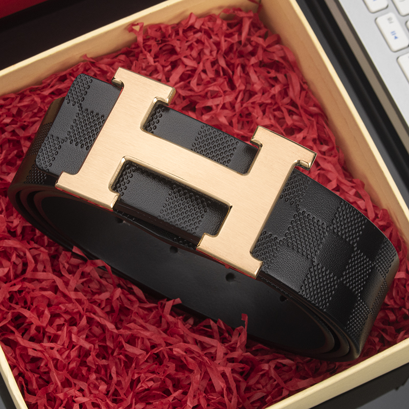 劳斯名爵皮带男士真皮H平滑扣腰带专柜正品时尚休闲格h纹裤带送礼