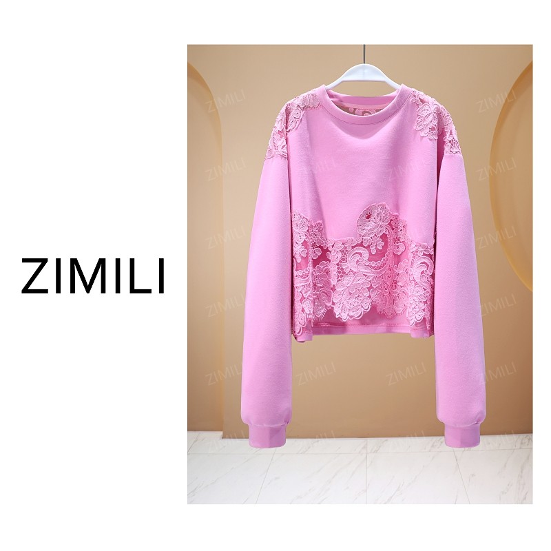 【亮哥女装】2025秋冬新品《杨桃》胭脂粉蕾丝拼接休闲卫衣6681-C7