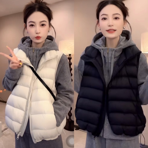 立领休闲白鸭绒无袖马甲外套女2025冬季新款宽松显瘦洋气坎肩马夹