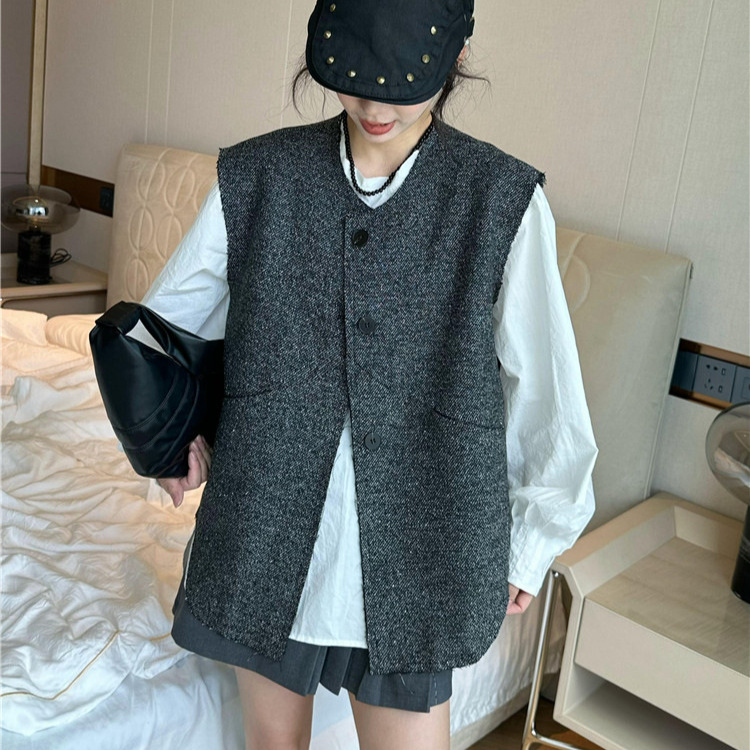 春款欧货灰色小香风雪花马夹坎肩小众极简百搭洋气独特别致马甲