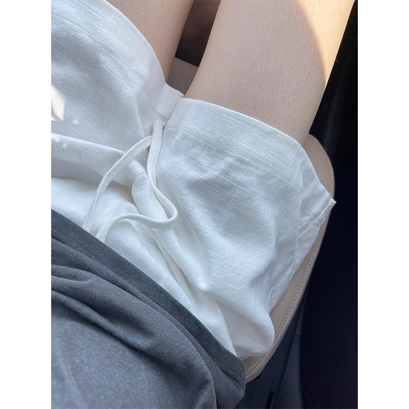 白色棉麻短裤女夏薄款高腰显瘦速干抽绳防走光宽松阔腿休闲五分裤