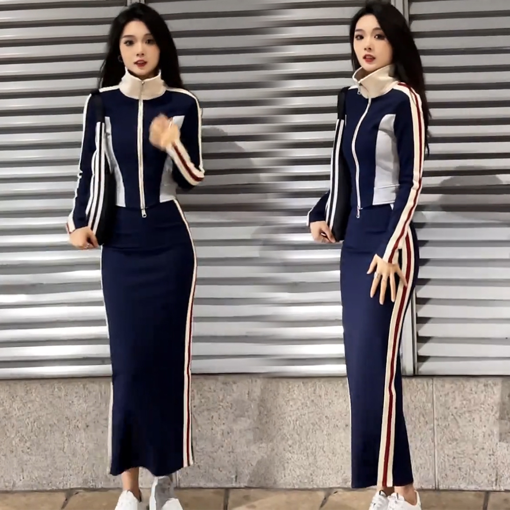 拉夏贝尔休闲套装裙女2025秋季新款洋气减龄立领外套半身裙两件套