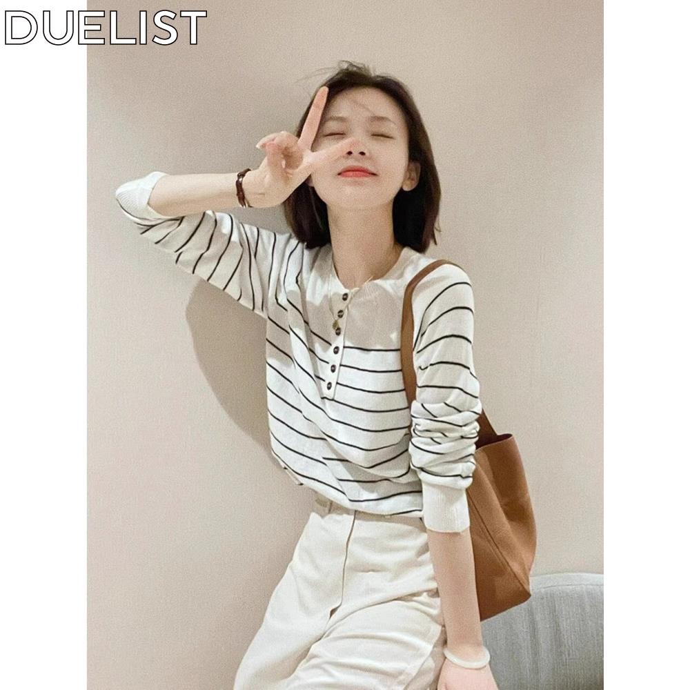 DUELIST法式黑白条纹长袖针织衫女设计感小众内搭打底衫套头上衣