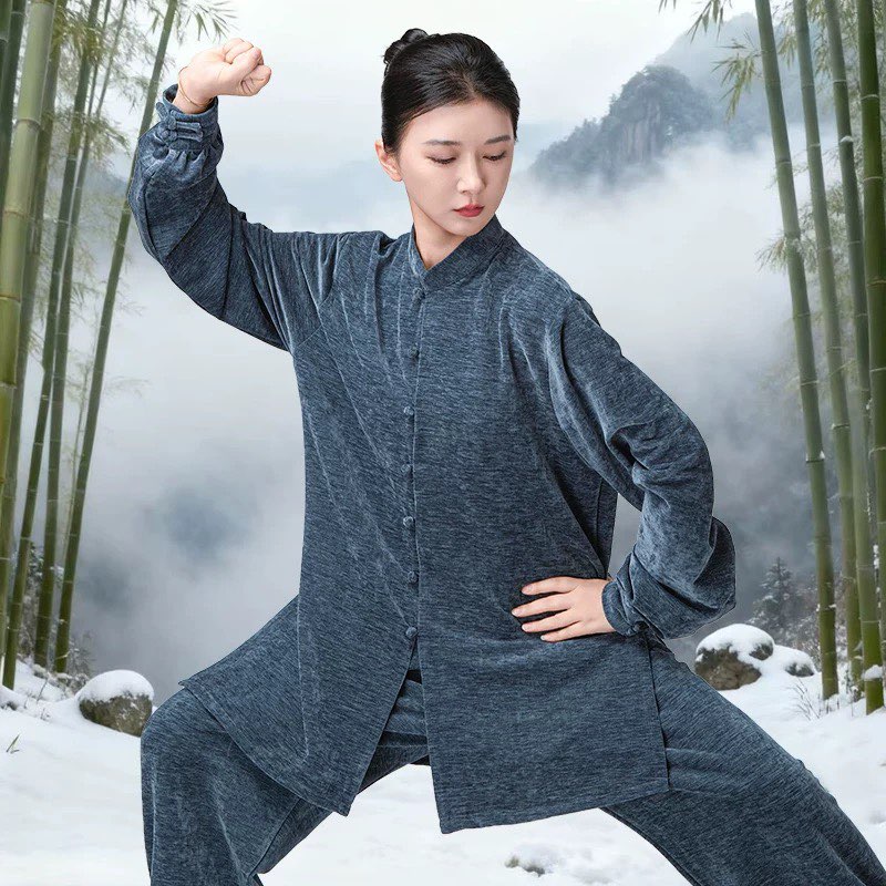 新款秋冬季加绒加厚太极拳八段锦练功服男女双面雪花绒武术晨练服