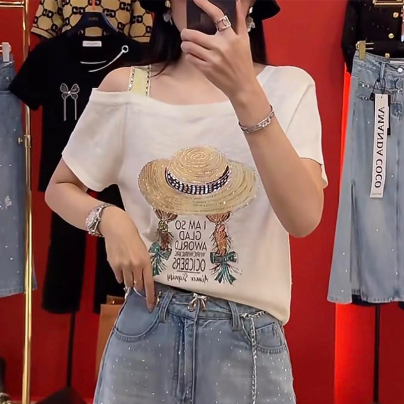 米白色草帽女孩露肩短袖针织t恤女2025夏季新款洋气减龄百搭上衣