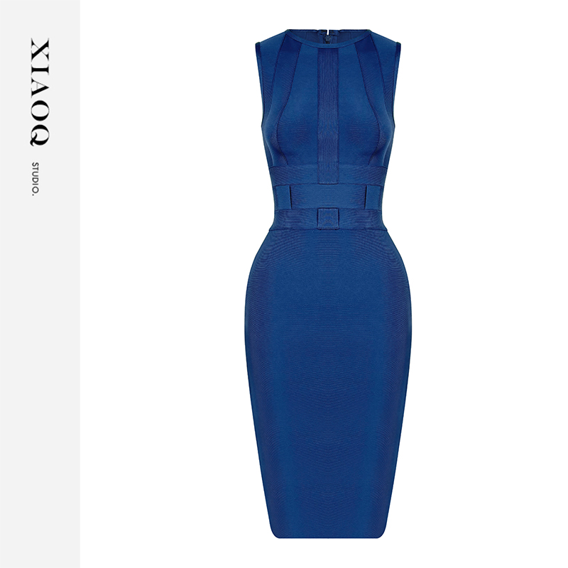 XIAOQ「深蓝情书」时尚修身显瘦无袖开叉中长款连衣裙百搭四季84521