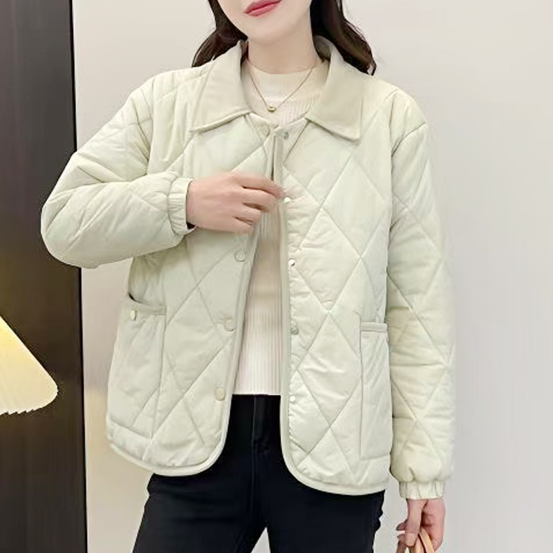 轻薄菱格翻领棉服女2025冬小香风加厚保暖拼接撞色衬衫领棉衣外套