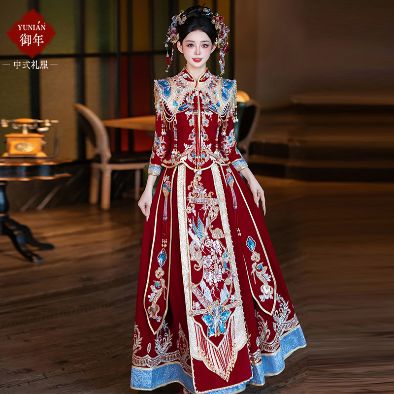 奢华秀禾服高级翘肩新娘结婚中式嫁衣2025新款秋冬婚服蓝色点缀