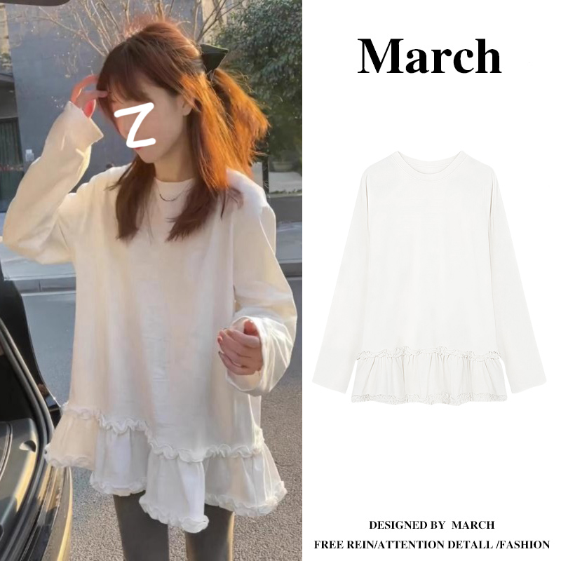 大码白色打底衫女2025春季新款胖MM下摆木耳花边长袖t恤上衣-5668