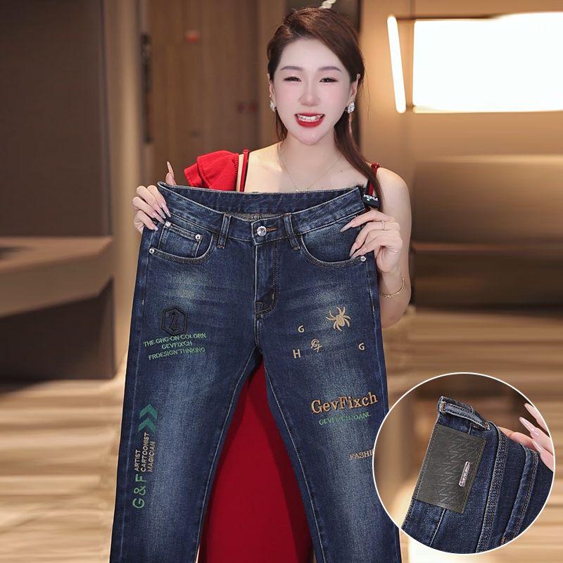 秋季高端刺绣男士牛仔裤图案时尚百搭修身休闲弹力小脚裤显瘦穿搭