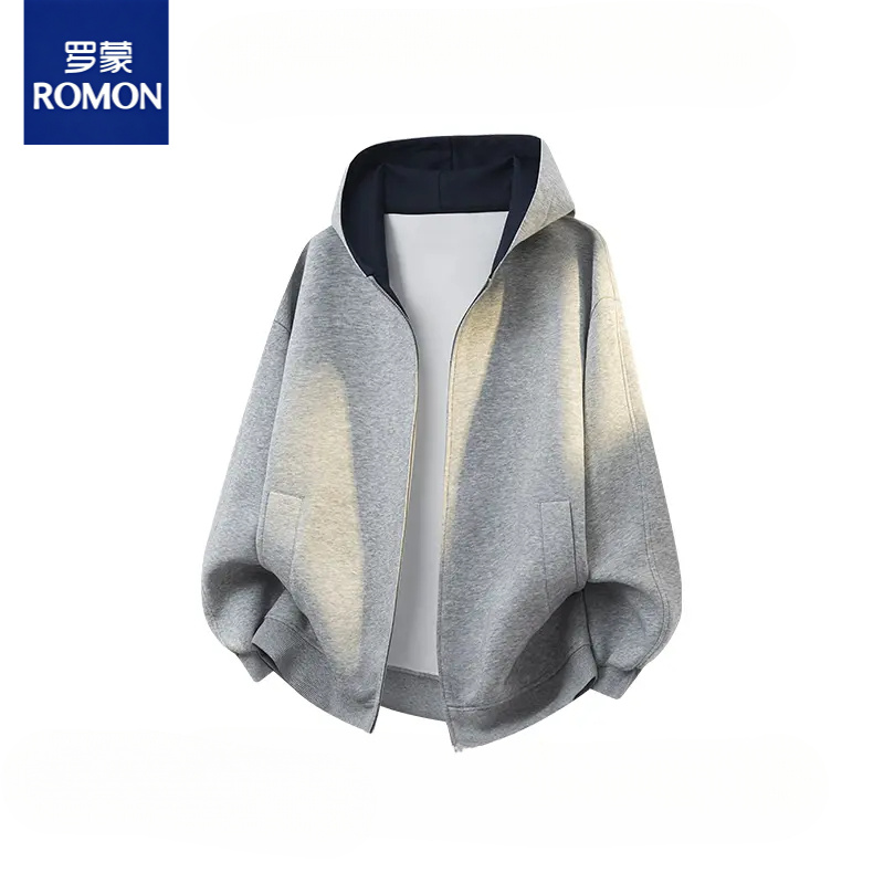 罗蒙新款重磅拼色开衫卫衣男女同款连帽宽松休闲外套高级感抗起球