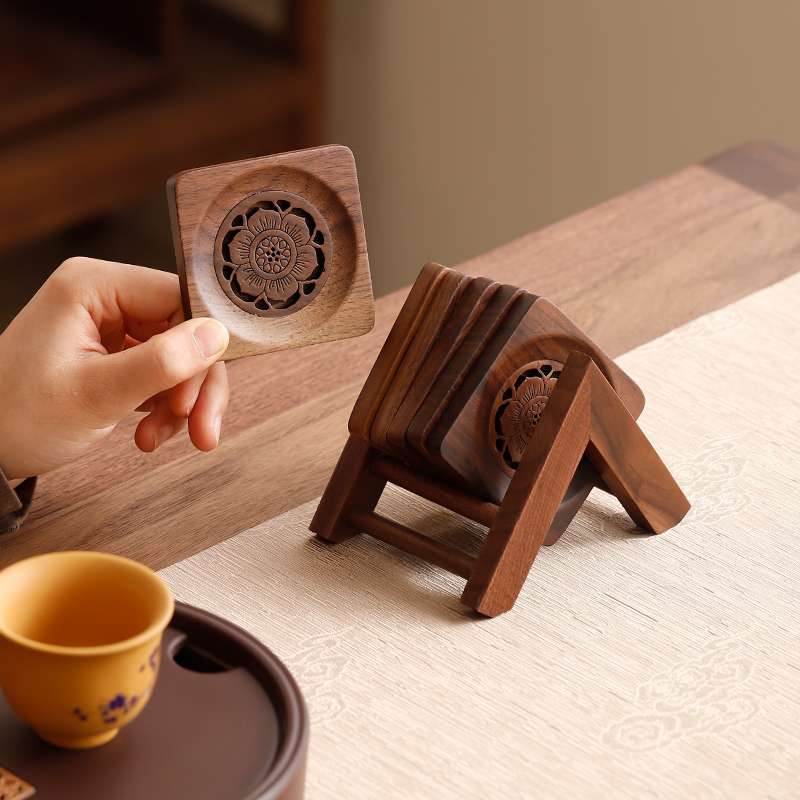 中式胡桃木杯垫实木雕花茶杯托茶桌隔热垫功夫茶具配件六个带收纳