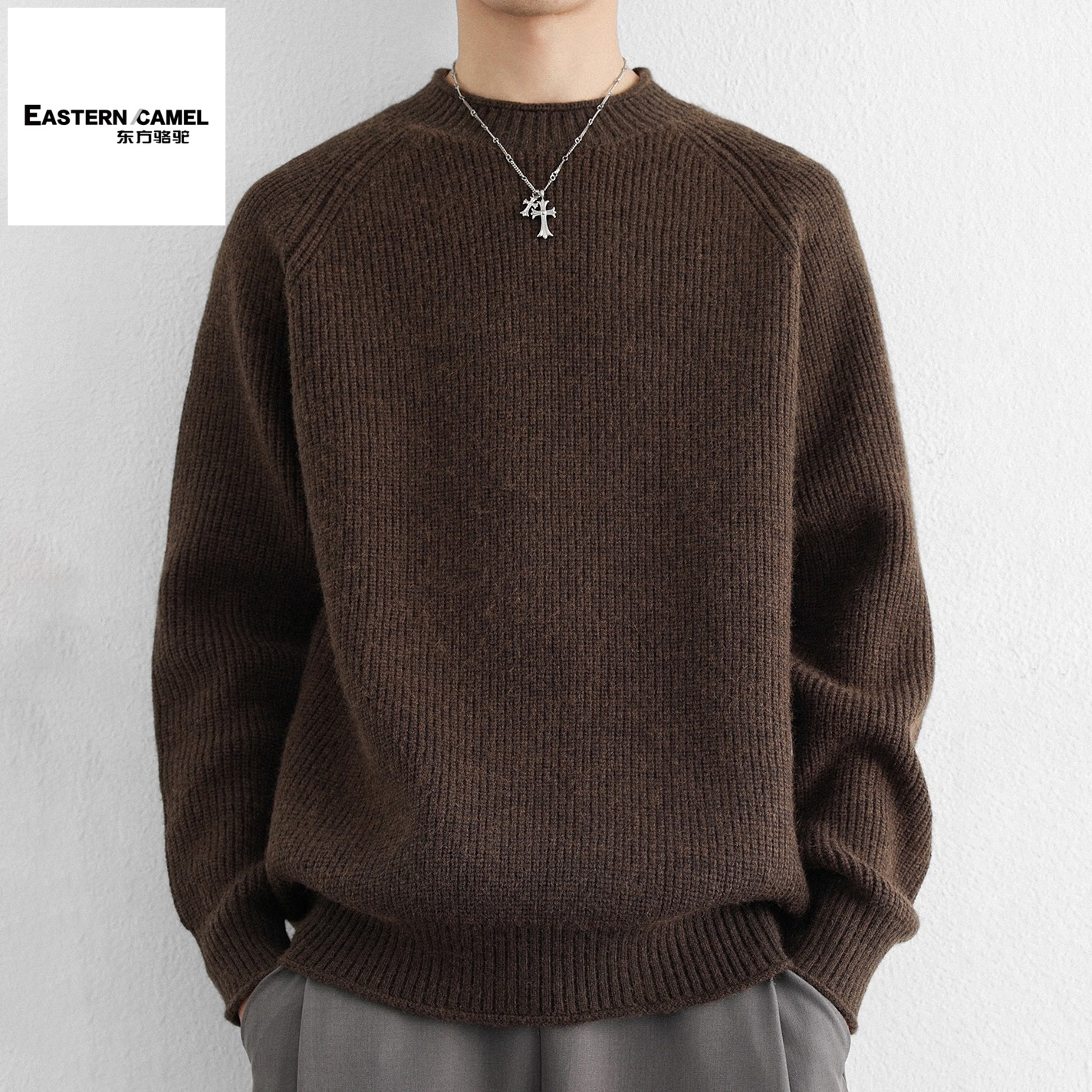 东方骆驼重磅美式男款卫衣秋冬季套头纯色毛衣针织衫内搭男士卫衣