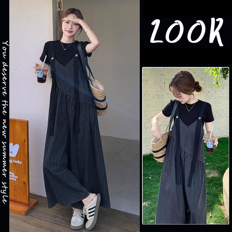 慵懒风休闲简约T恤条纹背带裤套装女2025夏季新款超火减龄两件套