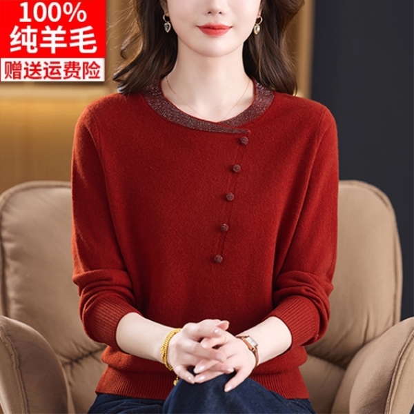 2025秋冬新款中年妈妈圆领高档时尚针织100%绵羊毛高档纯羊毛衫