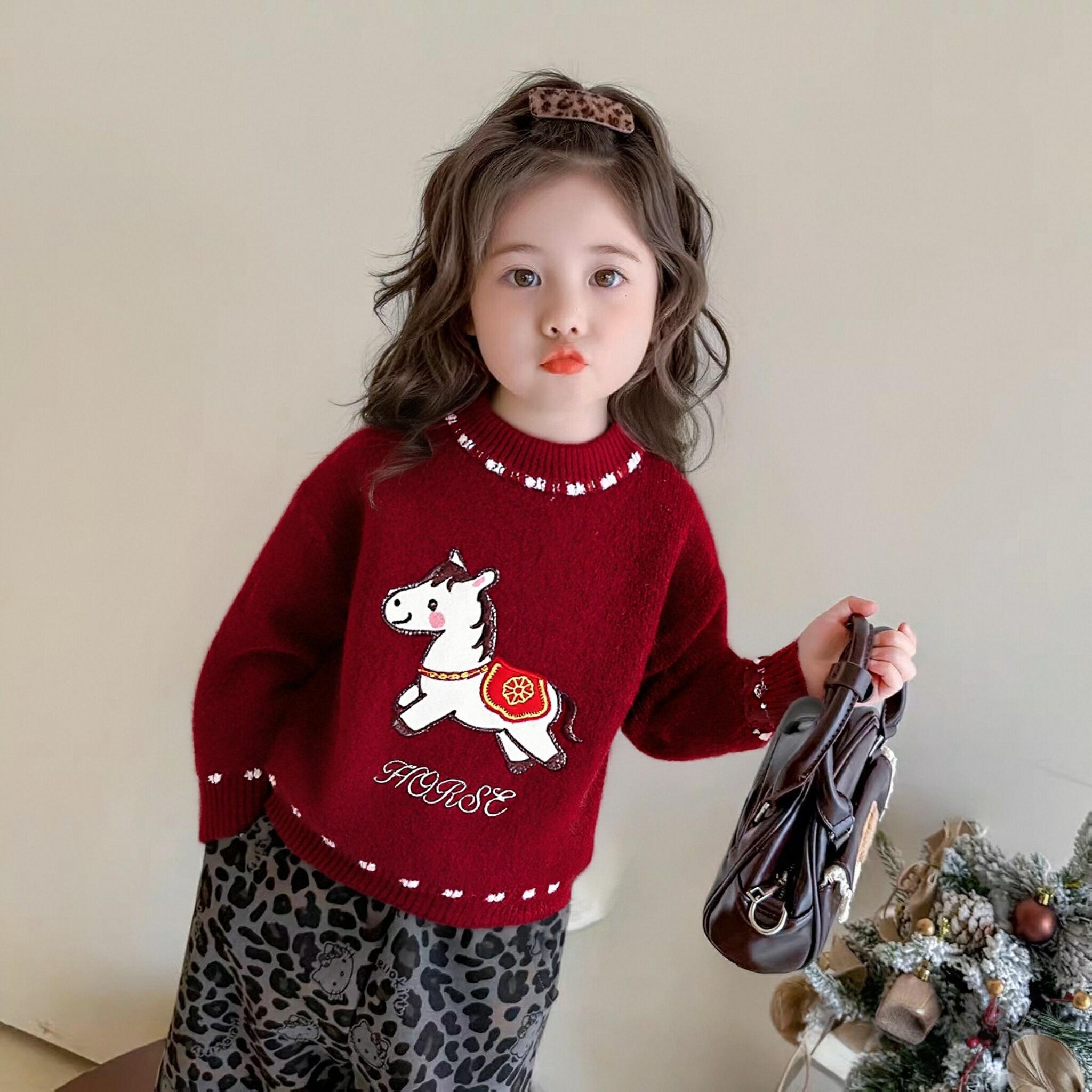 女童冬款加绒内搭套头毛衣女宝宝圆领加厚新年服毛线衣小童针织衫